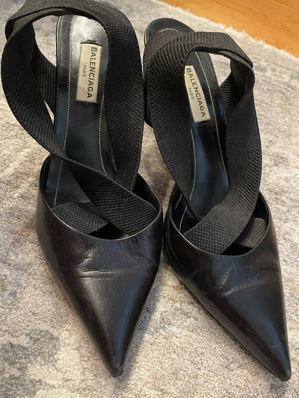 Balenciaga Black Pointed Toe Crisscross Slingback Heels